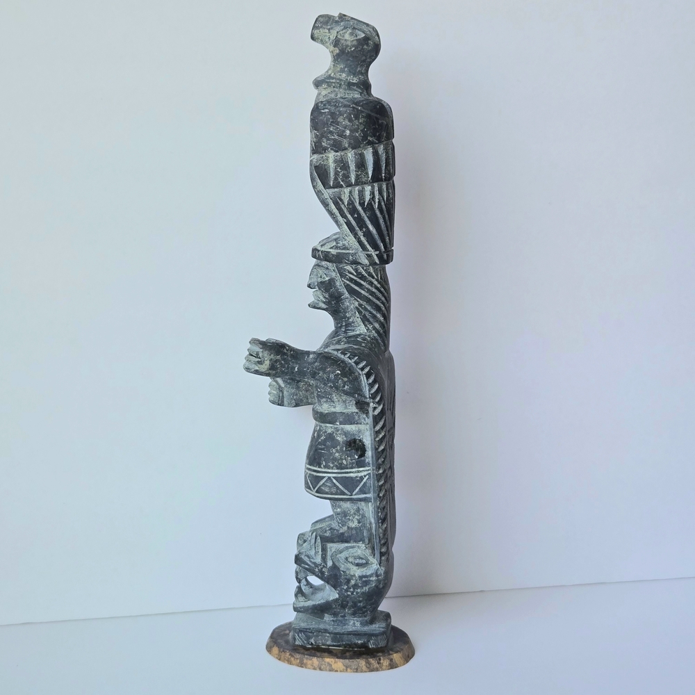 VTG Carved Green Stone Totem Sculpture-Eagle Warrior Snake w Petrified Wood Base - Picture 3 of 11